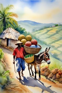 a painting of a man walking down a road with a donkey carrying baskets on his back