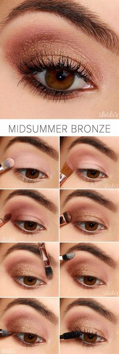 Adorei essa inspiração, gente! Sombra rosinha bem clara ao fundo, tons acobreados nos cantos externos dos olhos e dourado para dar um charme. Smokey Eyeshadow Tutorial, Eyeshadow Tutorial For Beginners, Bronze Eyeshadow, Smokey Eyeshadow, Best Eyeshadow, Smink Inspiration