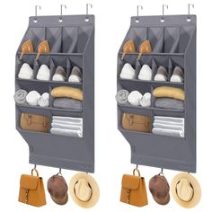 two shelves with hats and purses hanging on hooks