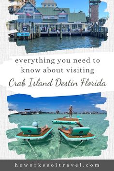 two boats in the water with text overlay that reads everything you need to know about visiting crab island, destin florida