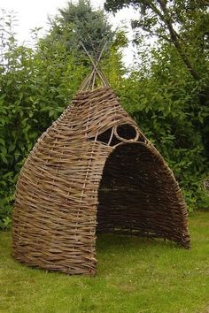 a small house made out of branches in the grass