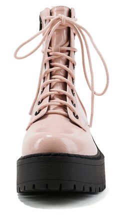 Soda Women Combat Army Military Riding Platform Lug Sole Block High Heel Boots Side Zipper Lace Up FLING-S Heel height: 2.5" || Shaft length: 8.5" || Platform: 1" (Approx) Brand Name: Soda Boots Color: Light Pink Blush Pat Boots Style Name: Fling-S Material: Man Made Faux Leather This style runs true to the size. Step into style with FLING-S Soda combat boots for women! Featuring a trendy lug sole and a convenient side zipper, these boots are perfect for military-inspired looks or everyday wear. Soda Boots, Combat Boots For Women, Light Pink Blush, Top Moda, Boots Style, Pink Blush, Wedge Sneakers, Military Inspired, Sneaker Heels