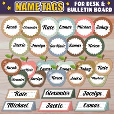 the name tags for bulletin board are shown in different colors and sizes, including apples