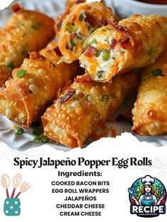 an advertisement for the spicy jalapeno popper egg rolls recipe on a paper plate