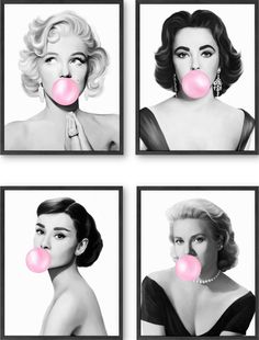 four pictures of marilyn monroe with bubble gums in front of her face and on the other side