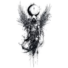 an angel with wings and a clock on it's face is drawn in ink