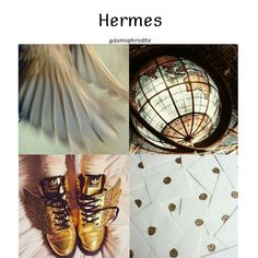 there are four different pictures with gold shoes on them and the words hermes above them