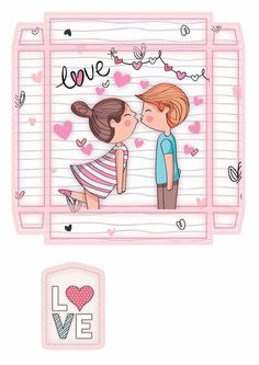 a couple kissing each other in front of a love card with hearts on the border