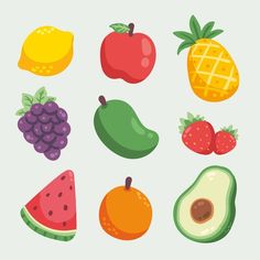 an assortment of fruits and vegetables on a light blue background, including apples, oranges, watermelon, kiwi, pineapple