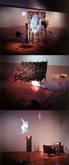 three different shots of a couch in the middle of a room with light coming from it