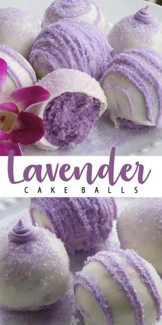 lavender cake balls on a white plate with flowers in the background and text overlay