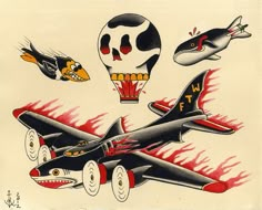 an old school tattoo design with airplanes and skulls