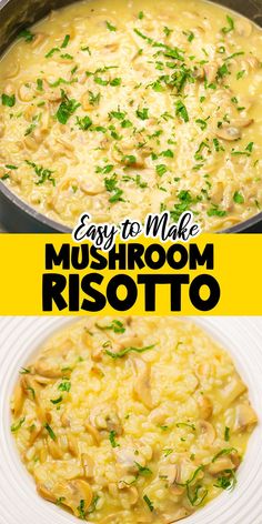 an image of mushroom risotto in a pan with the words easy to make