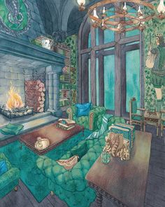 a drawing of a living room filled with furniture and a fire place in the fireplace