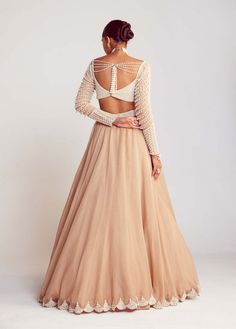 Vvani By Vani Vats | Beige Pearl Embellished Lehenga Set | INDIASPOPUP.COM Sweetheart Neckline Blouse Full Sleeves, Beige Lehenga, Lengha Blouse Designs, Lengha Blouse, Indian Outfits Modern, Lehenga Ideas, Sangeet Outfit, Organza Lehenga, Full Sleeve Blouse