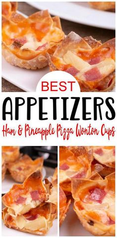 Mini wonton wrapper pizza bites w/ pizza filling of ham, pineapple, pizza sauce & cheese. Pizza Wonton Cups, Luau Desserts, Wrapper Recipes, Quick Pizza Recipes, Ham And Pineapple Pizza, Wonton Recipe, Hawaiian Ham, Ham And Pineapple, Ham Pineapple