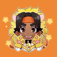 a cartoon character with an orange background and stars around her head, holding a gold medal