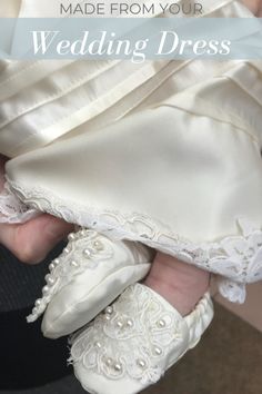 Turn Your Wedding Dress into the perfect baptism outfit for your little one! Baby Baptism Outfit, Repurpose Wedding Dress, Wedding Dress Crafts, Christening Shoes, Blessing Dress