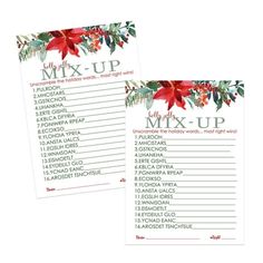 the printable christmas mix - up is shown in red and green flowers with greenery