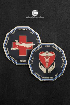 two medical badges on black background with red cross and blue heart in the middle one has a stethoscope attached to it