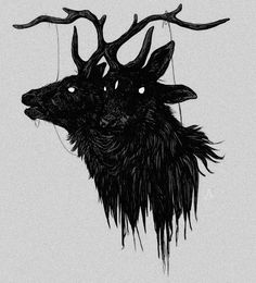 a black and white drawing of a deer with antlers on it's head