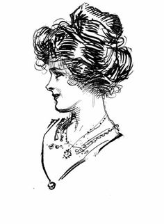 a black and white drawing of a woman's head with hair in a bun