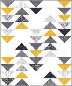 a quilt pattern with yellow, grey and white triangles in the middle on a white background