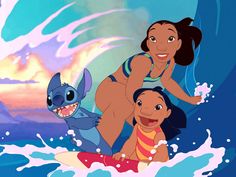 the cartoon character lila and stitch is being watched by two other characters on a surfboard