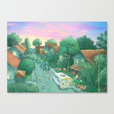 a painting of an rv parked on the side of a road with houses in the background