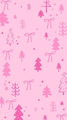 a pink background with christmas trees and bows