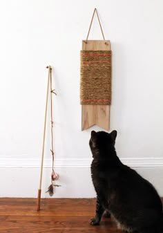 there is a cat sitting on the floor looking at some things in the room that are made out of wood