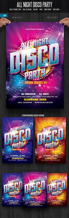 the disco party flyer template is shown in three different colors and sizes, as well as two