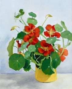 a painting of red and green flowers in a yellow vase on a white tablecloth