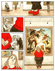 a comic strip with an image of a woman looking at paintings