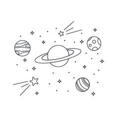 the solar system with stars and planets in black and white coloring book page for kids