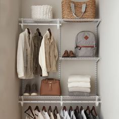 an organized closet with shoes, handbags and purses on shelving unit shelves