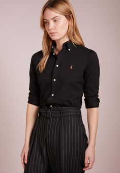 Polo Ralph Lauren OXFORD SHIRT - Chemisier - black Oxford Shirts Women's, Womens Black Button Up Shirt Outfit, Black Polo Outfit Woman, Ralph Lauren Polo Shirt Outfit Women's, Oxford Shirt Women Outfit, Polo Outfit Women's, Polo Ralph Lauren Women Outfits