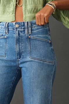 93% cotton, 5% polyester, 2% elastane Front slant pockets Back patch pockets Zip front Machine wash Imported | Anessa High-Rise Wide-Leg Crop Jeans by PAIGE in Blue, Women's, Size: 31, Polyester/Cotton/Elastane at Anthropologie Colored Denim Jeans, Fall Denim, Burda Style, Wide Jeans, Material Girl, Crop Jeans, Material Girls, Back Patch