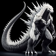 a white godzilla statue on a black background