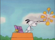 a cartoon dog with a book in his hand and fireworks coming out of its mouth