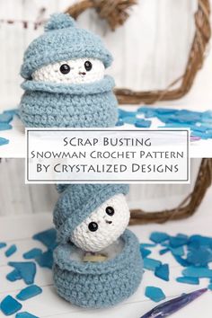 two crocheted snowmen sitting on top of each other with text overlay that says scrap busting snowman crochet pattern by crystalized designs