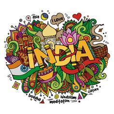 the word asia surrounded by doodles and colorful objects royalty illustration, lettering design, graphic art