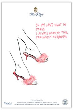 a drawing of a pair of shoes with pink feathers on the toes and heels that say,