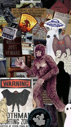 a collage of various signs and stickers on a wall with an image of a gorilla