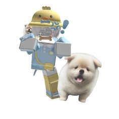 a white dog standing next to a toy robot and a person with a teddy bear