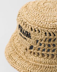 Find PRADA Crochet Bucket Hat on Editorialist. Embroidered lettering logo Brown Bucket Hat, Bucket Hat Outfit, Embroidered Lettering, Prada Re Edition, Bucket Hat White, Crochet Hat For Women, Prada Collection, Bucket Hat Women