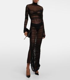 Ruched sheer maxi dress in black - Mugler | Mytheresa Mesh Dresses, Christian Louboutin Kate, Sheer Maxi Dress, Luxury Outerwear, Spring Maxi Dress, Spring Knits, Style Maxi Dress, Mesh Dress, Spring Dresses