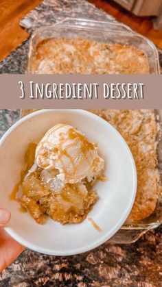 three ingredient dessert in a white bowl on top of a granite counter with text overlay