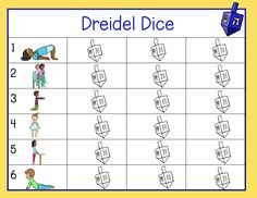 a worksheet with the words dreidel dice on it and pictures of people doing