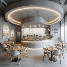 the interior of a restaurant with tables and chairs